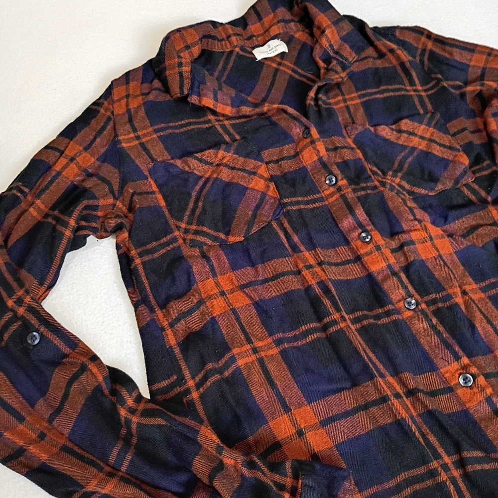 Thread & Supply Orange and Blue Plaid Shirt Sz L Soft & Lightweight